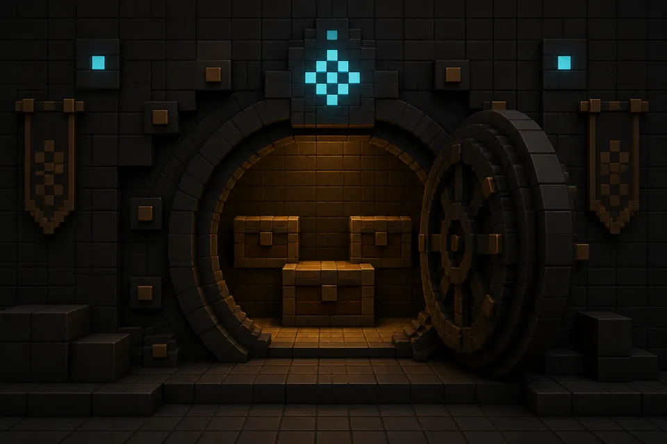 An open voxel guild vault with three storage chests