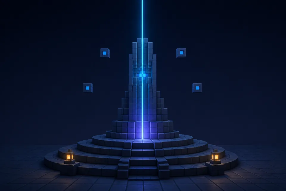 A tiered voxel guild monument lit by a blue beam