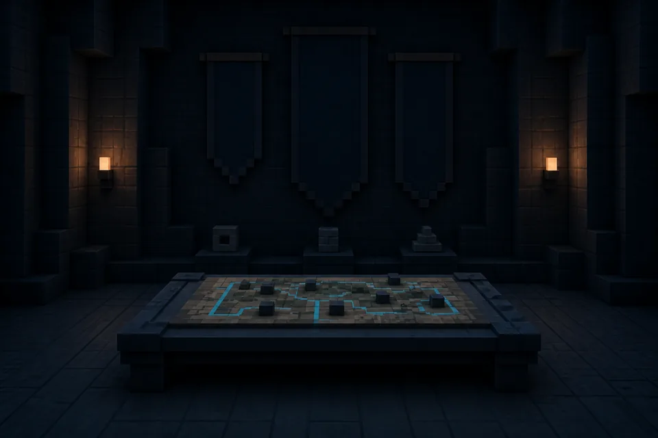 A dark voxel guild council room with a tactical map table
