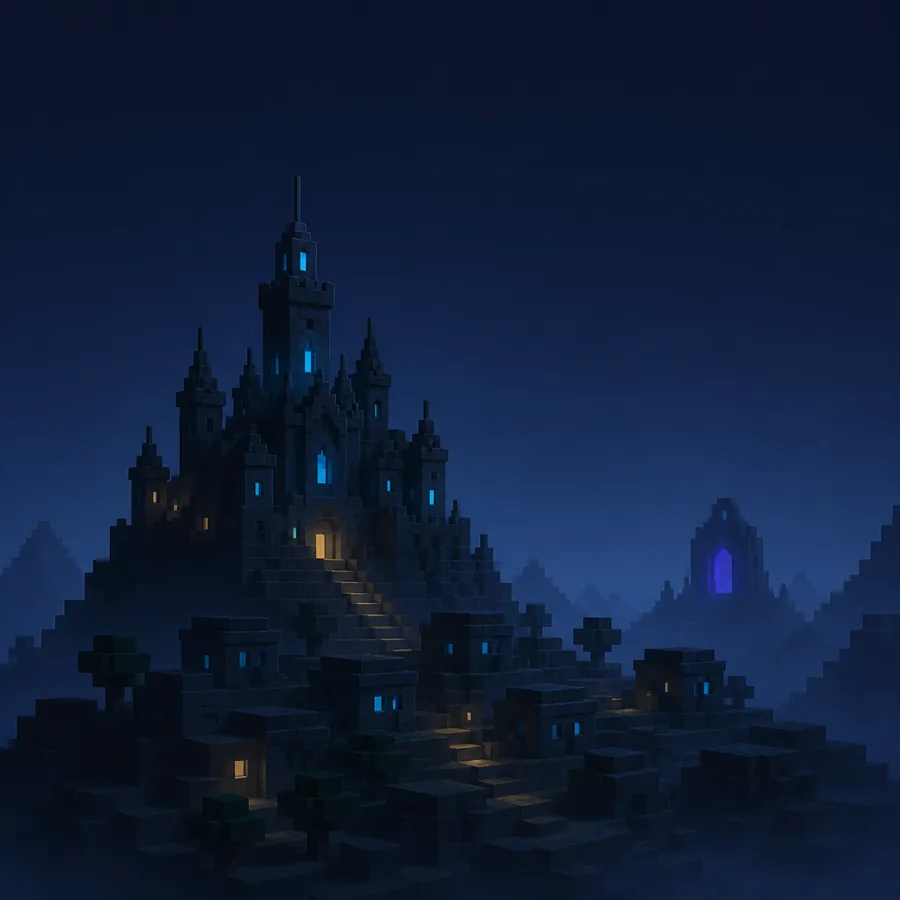 A dark voxel kingdom surrounding a blue-lit citadel