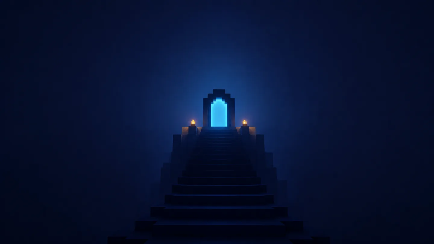 A dark voxel staircase climbing toward a blue portal