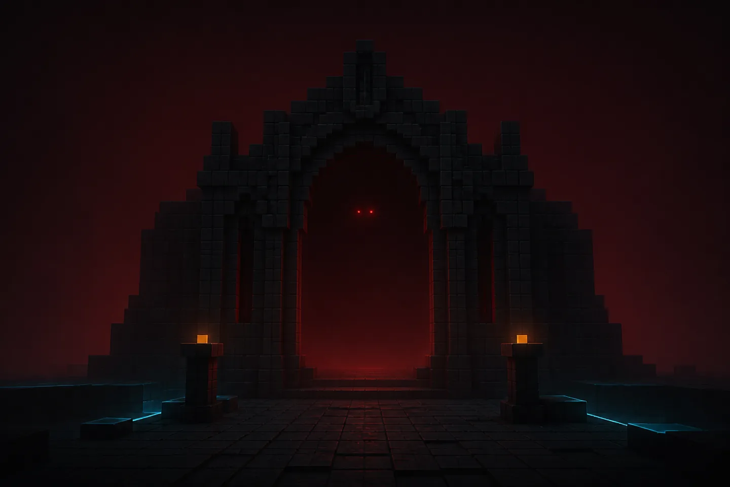 A dark voxel dungeon gate with a pair of red eyes beyond it